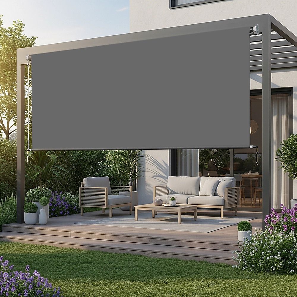 Retractable straight drop patio awning screen with dark gray fabric on metal posts