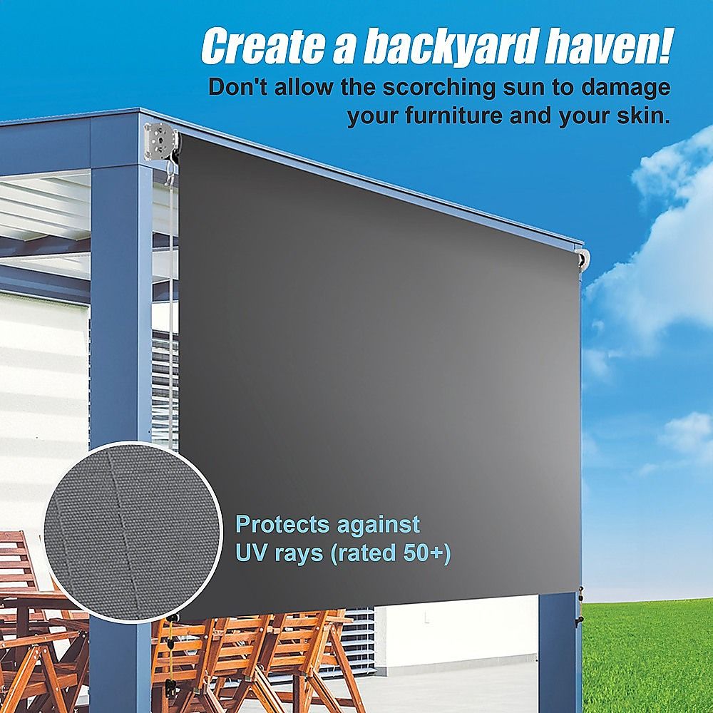 Retractable roll-down awning screen with dark gray fabric and side wall brackets
