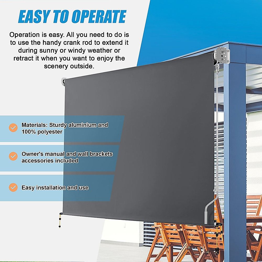 Retractable roll-down patio screen with dark gray panel and crank-operated roller