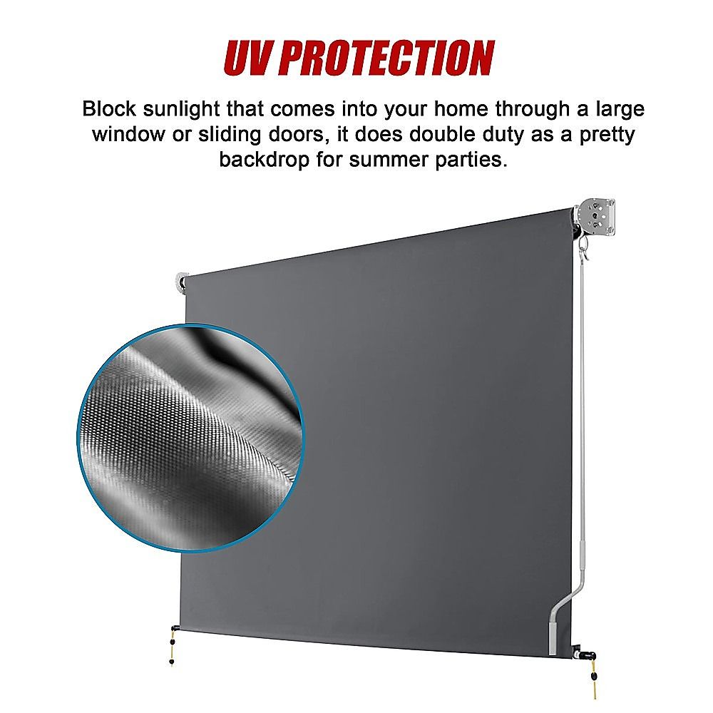 Retractable roll-down window awning screen with dark gray fabric and roller bracket