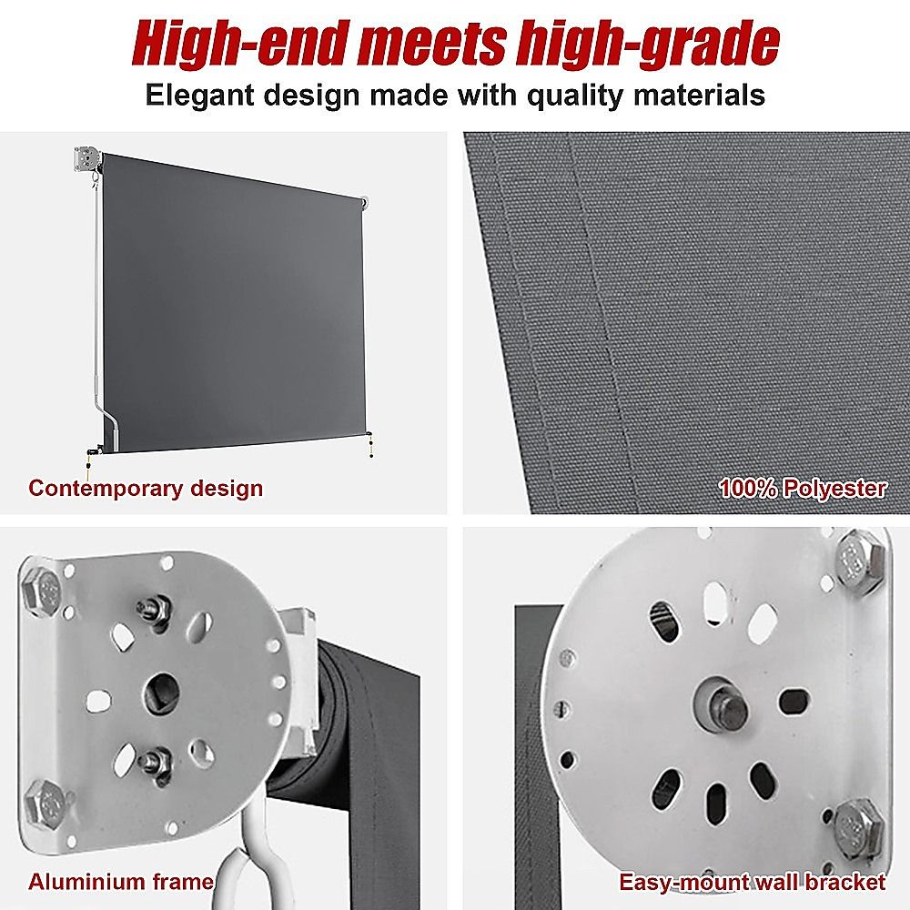 Retractable roll-down patio awning screen with dark gray fabric and aluminum frame bracket