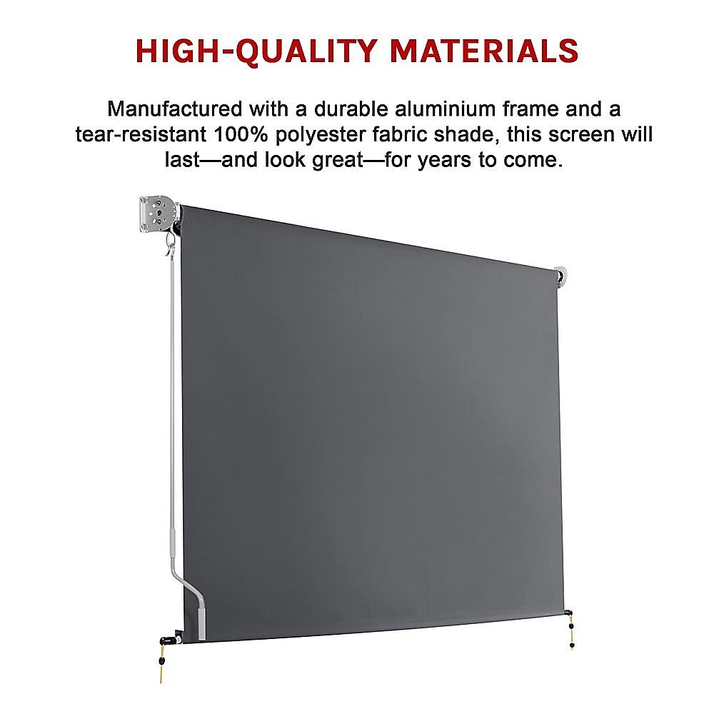 Retractable patio screen awning with dark gray 100% polyester fabric and aluminum frame