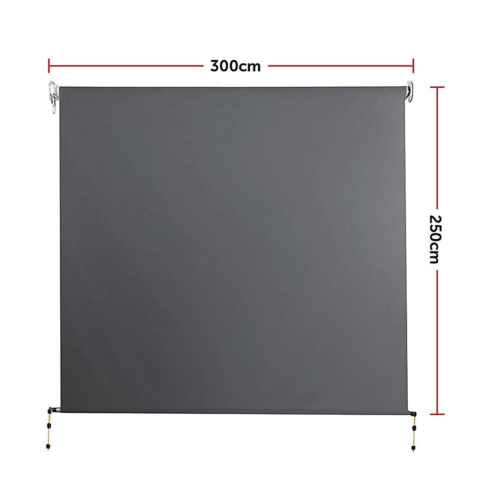 Retractable roll-down awning screen, dark gray fabric, 300x250 cm with aluminum frame mounts