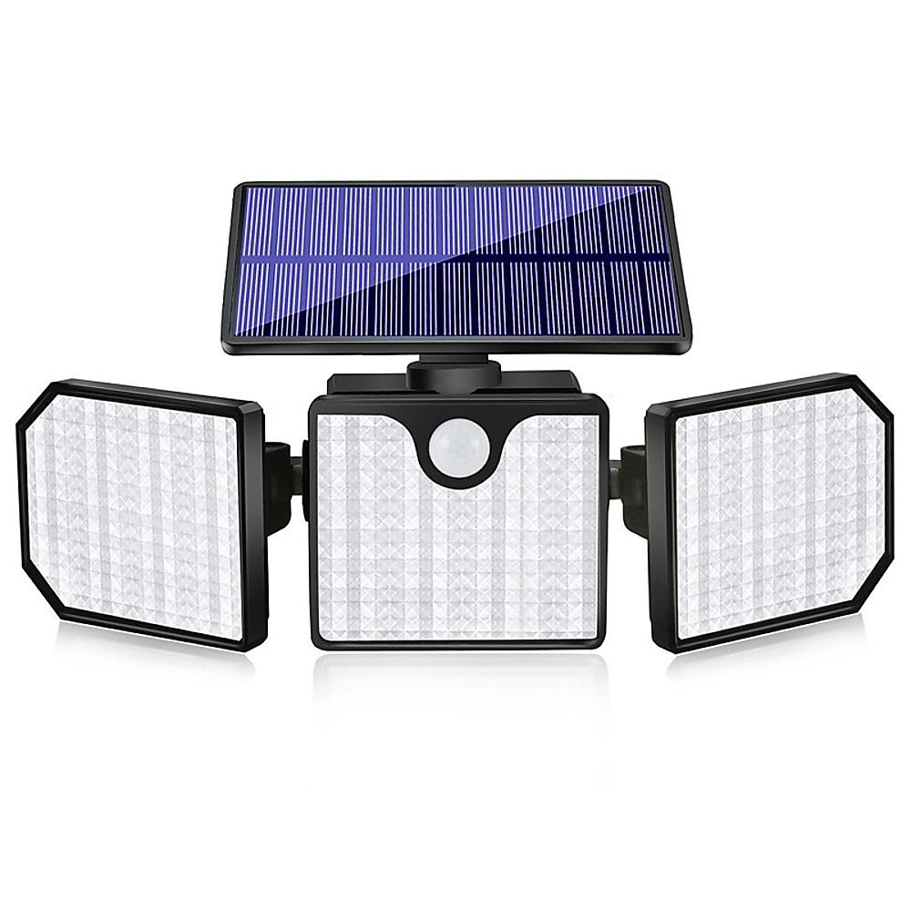 Wall-mounted solar LED light with three foldout panels and top solar panel, black housing