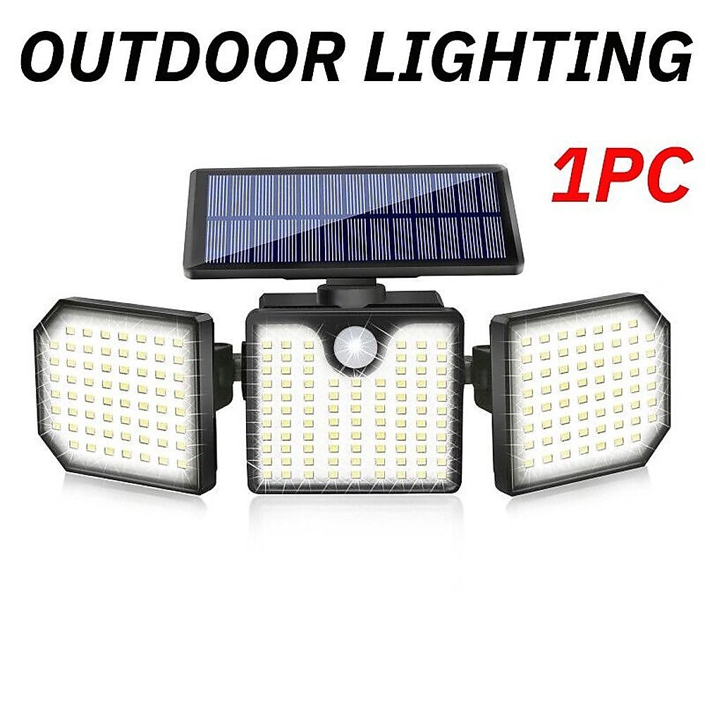 Solar LED wall light with three illuminated panel arrays and top solar panel, black