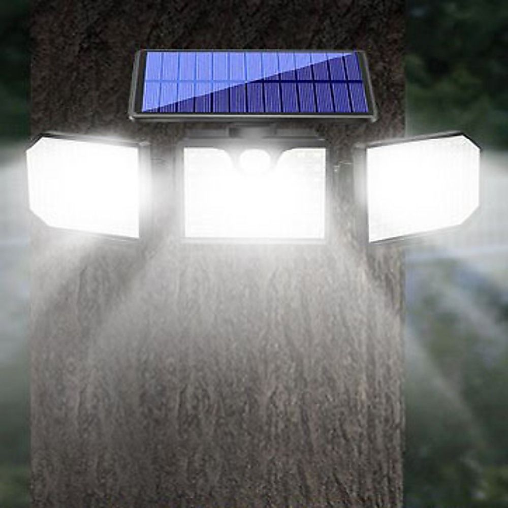 Solar LED wall light with three bright panel lights and motion sensor under solar top