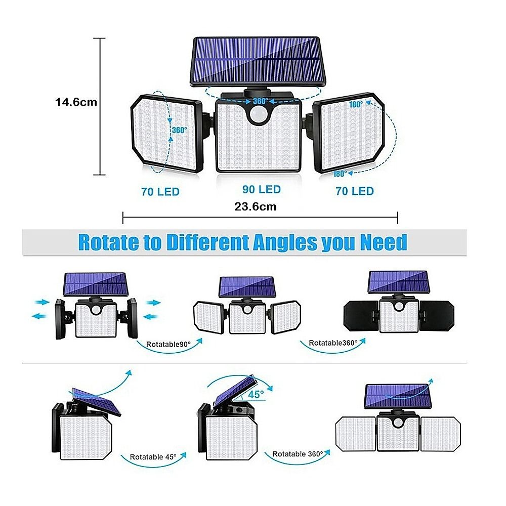Solar LED wall light diagram with rotation angles and measurements, three panel heads