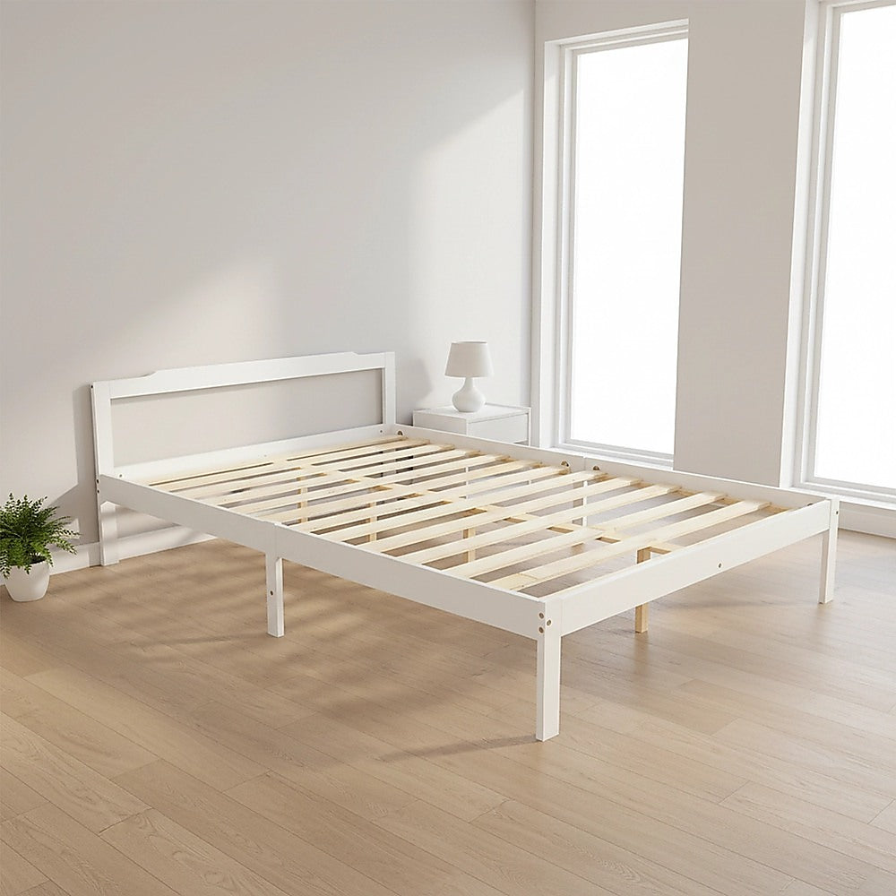 White double bed frame with slatted wooden base and tall headboard
