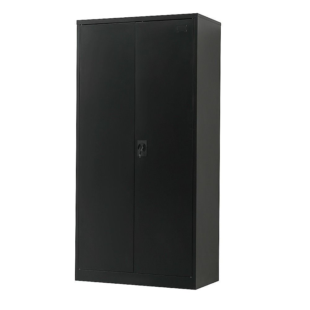 Two-door metal storage cabinet, matte black finish, double doors with central handle.
