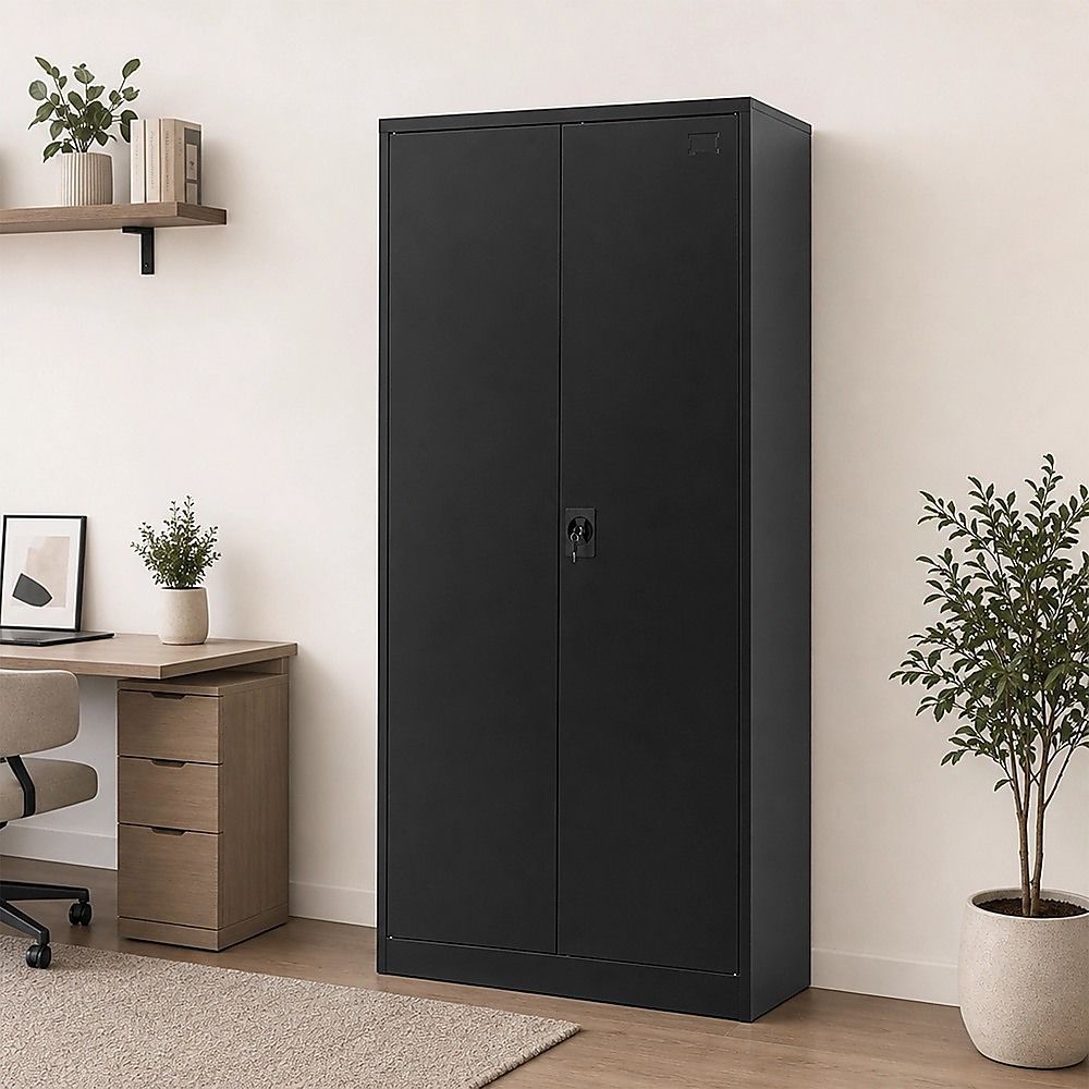 Two-door metal storage cabinet with double doors, matte black exterior, side handle.