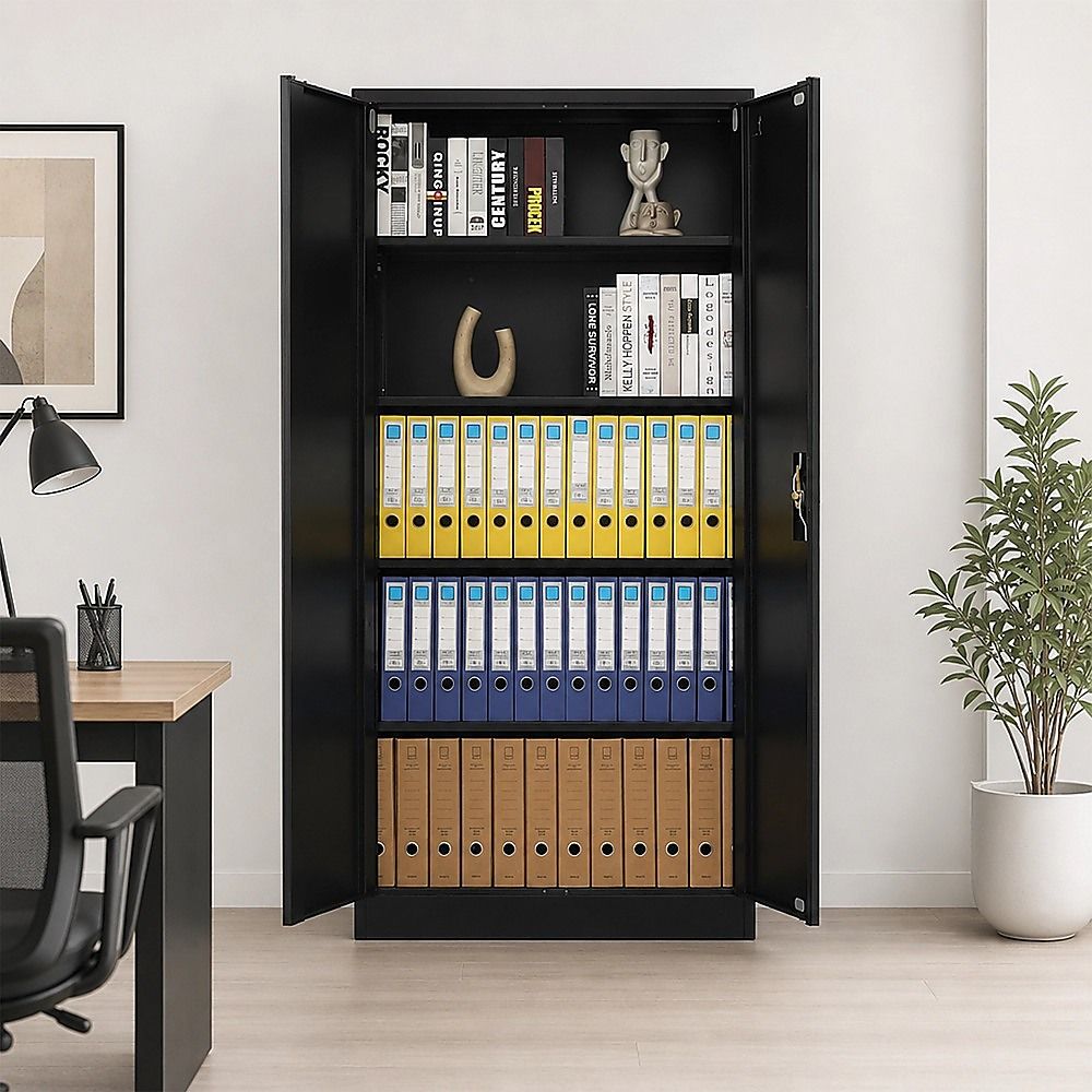 Two-door metal cabinet open to shelves, storing binders and books for office use.
