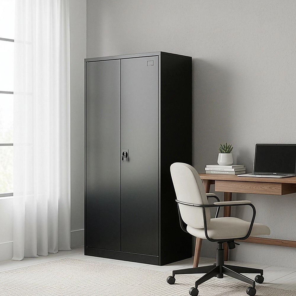 Two-door metal storage cabinet, dark gray doors with central handle, upright.