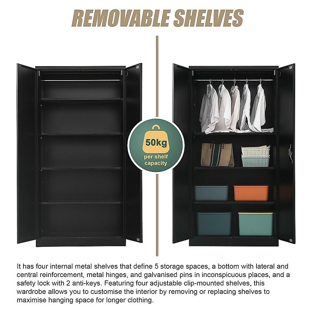Two-door metal wardrobe cabinet, open doors showing shelves, hanging rail, and bins.