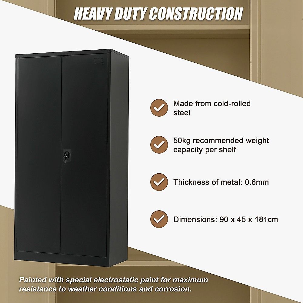 Two-door metal storage cabinet, black cold-rolled steel design, upright profile.