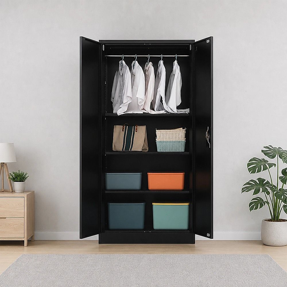 Two-door metal cabinet open, hanging bar and shelves with storage boxes.