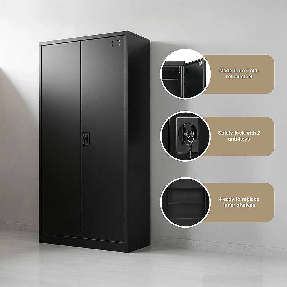 Two-door metal storage cabinet, black exterior, close-up of lock and side hardware.