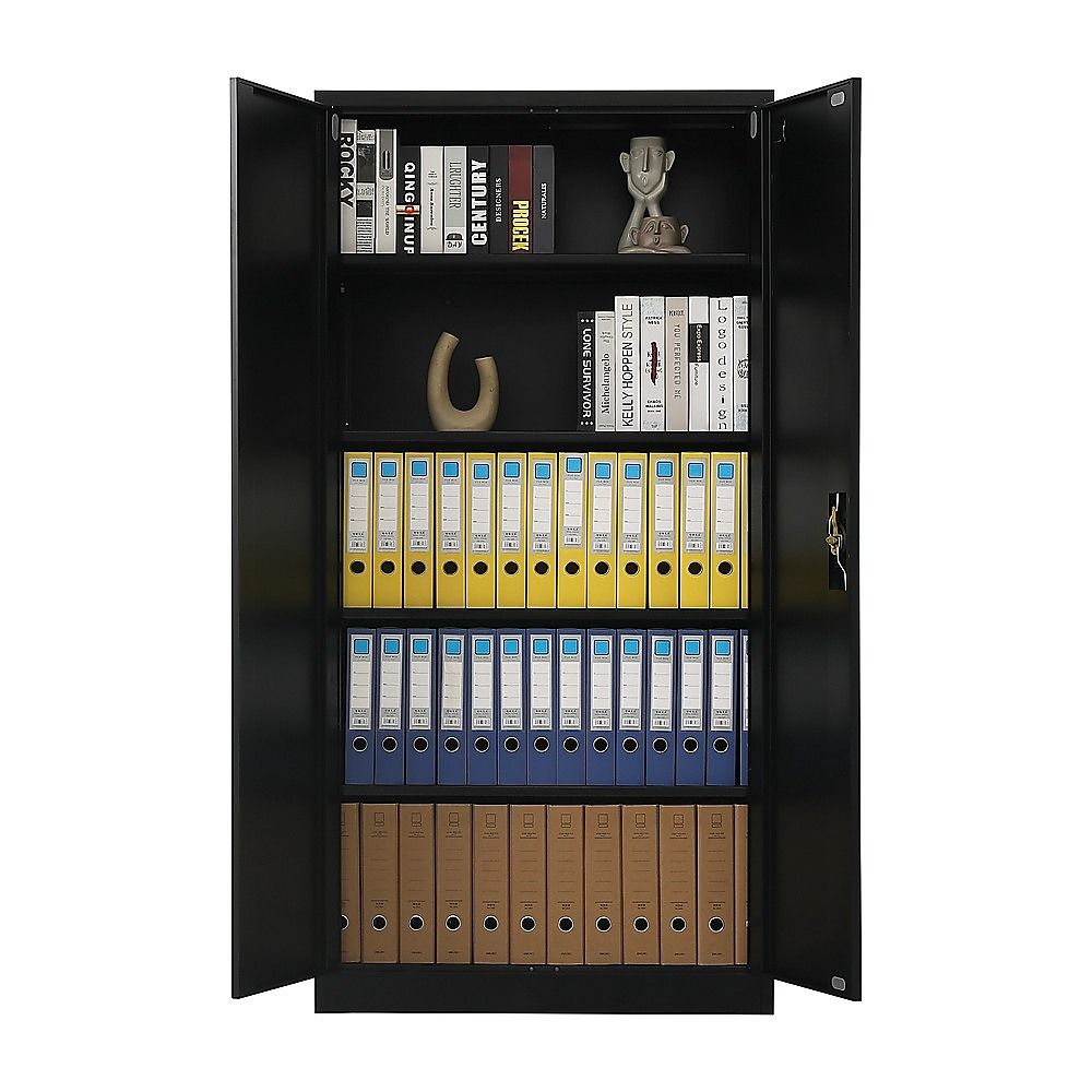 Two-door metal cabinet open with shelves holding ring binders and folders.
