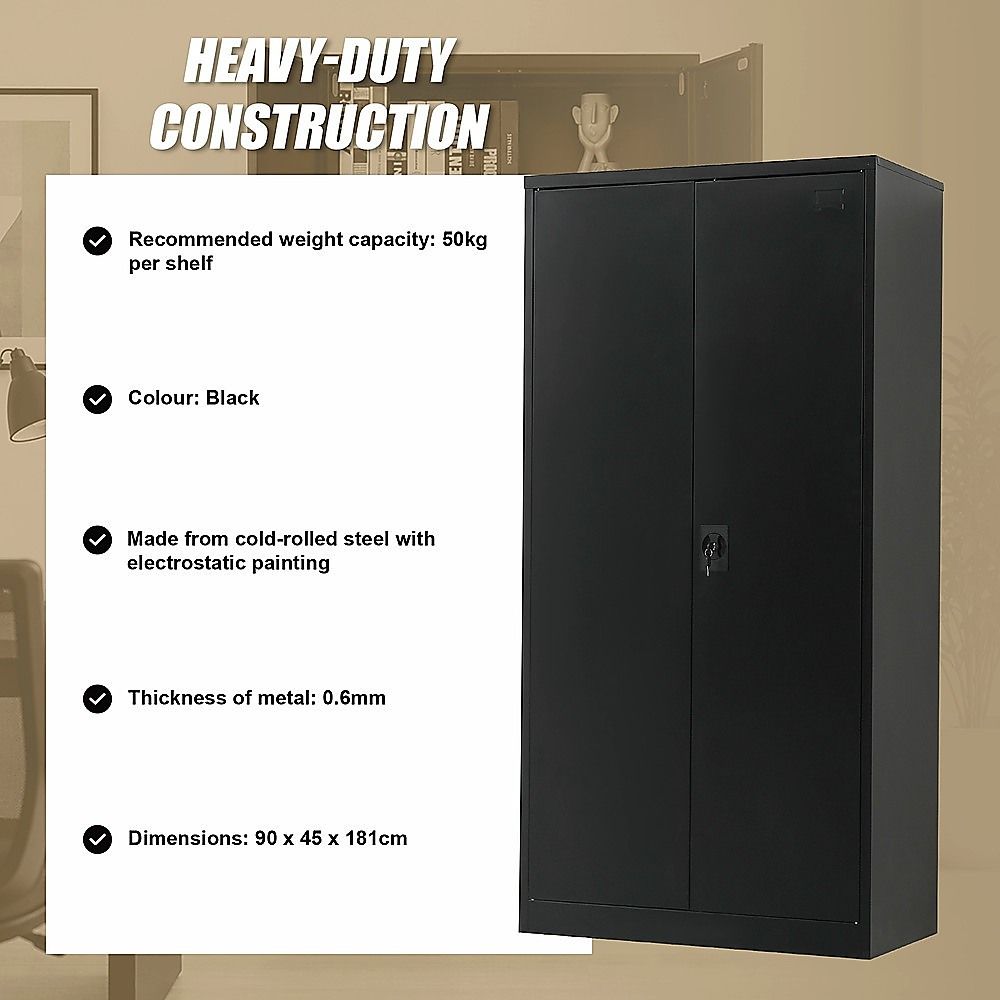 Two-door metal storage cabinet, black finish, front view with central handle.