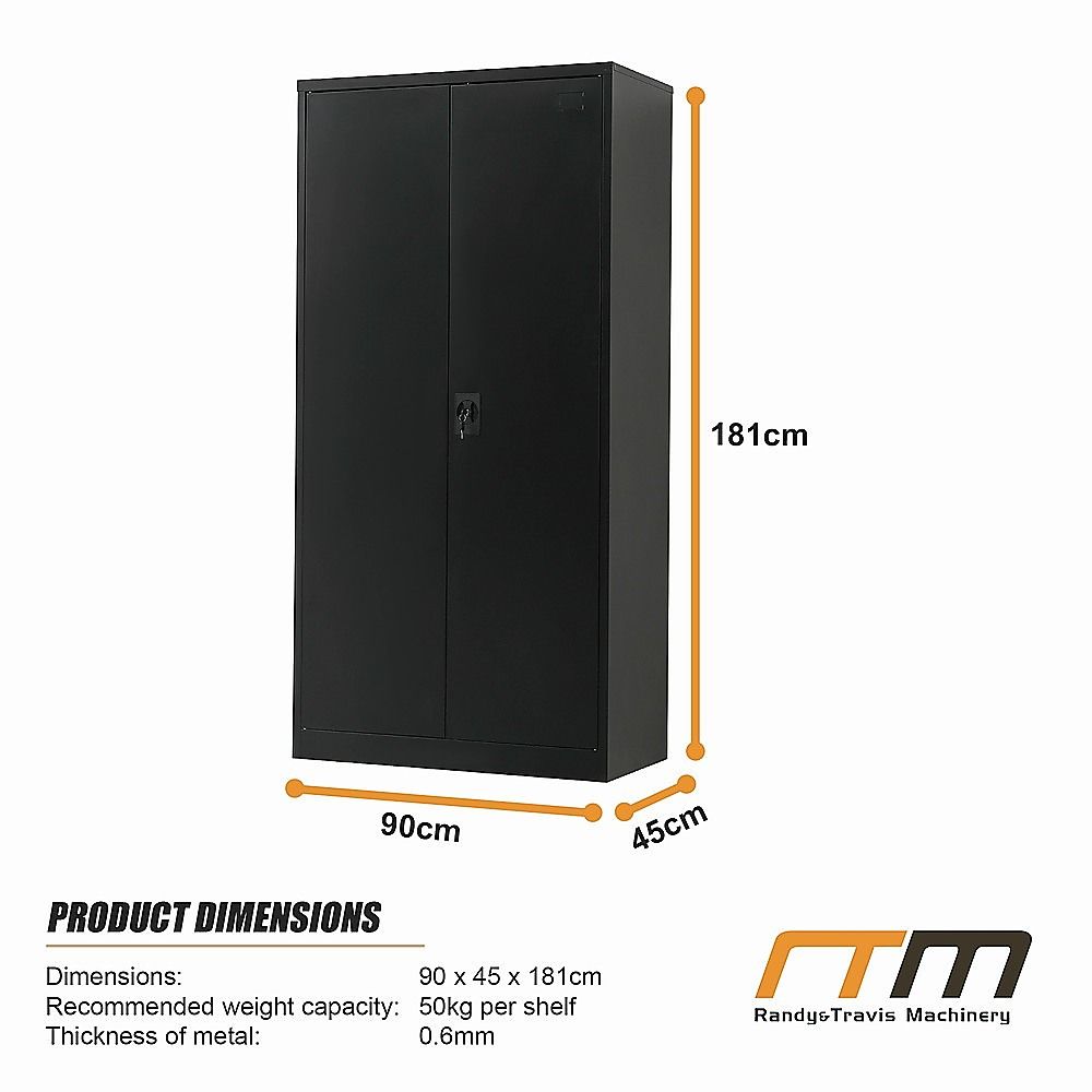 Two-door black metal storage cabinet with shelves, size 90 x 45 x 181 cm.