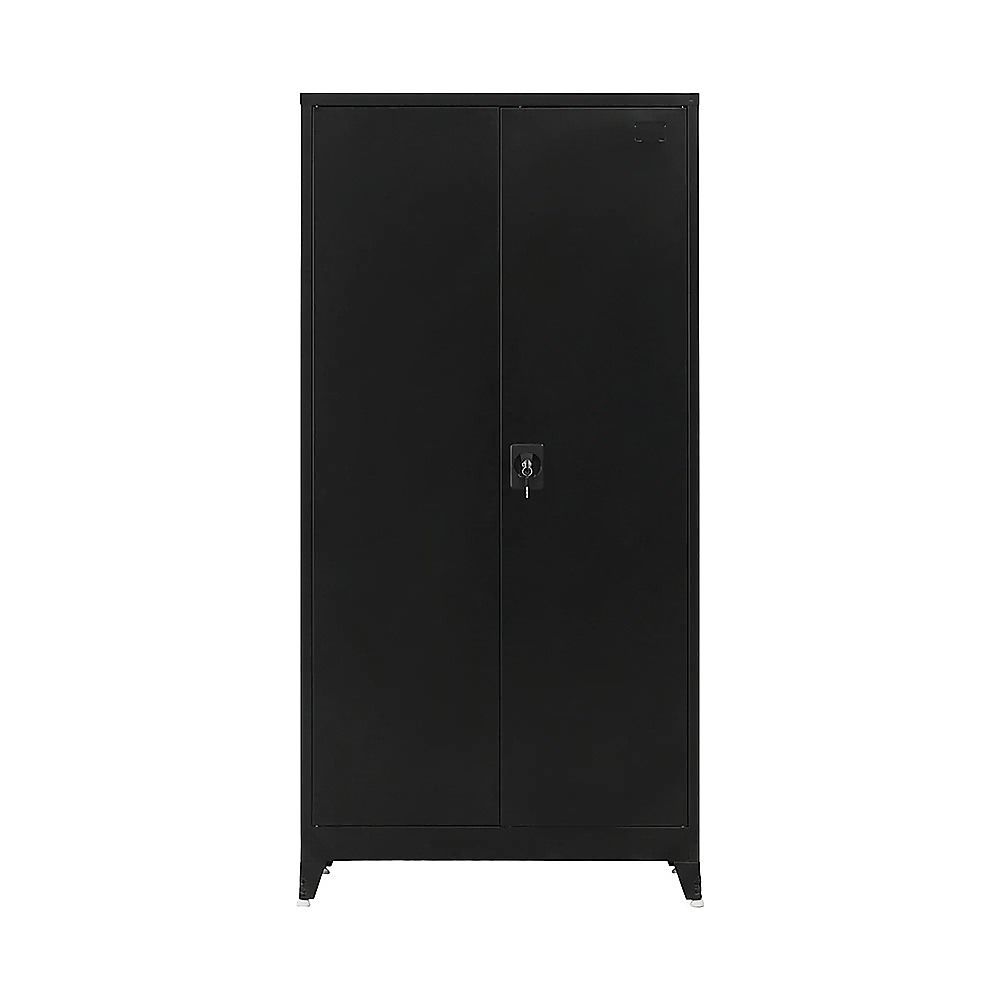 Two-door metal storage cabinet with dark finish, side lock, and two panel doors