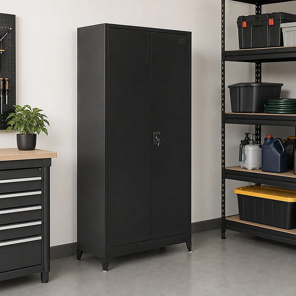 Two-door metal storage cabinet standing upright with side lock and double doors