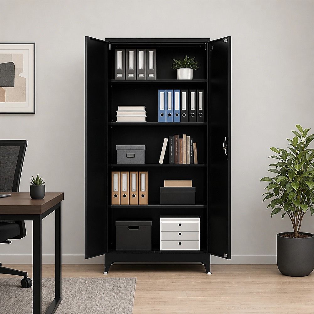Two-door metal storage cabinet with open doors showing fixed interior shelves and book storage