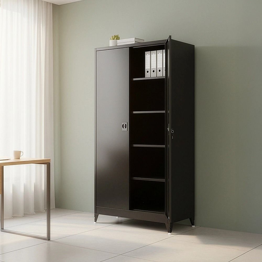 Two-door metal storage cabinet with open door revealing interior shelf space