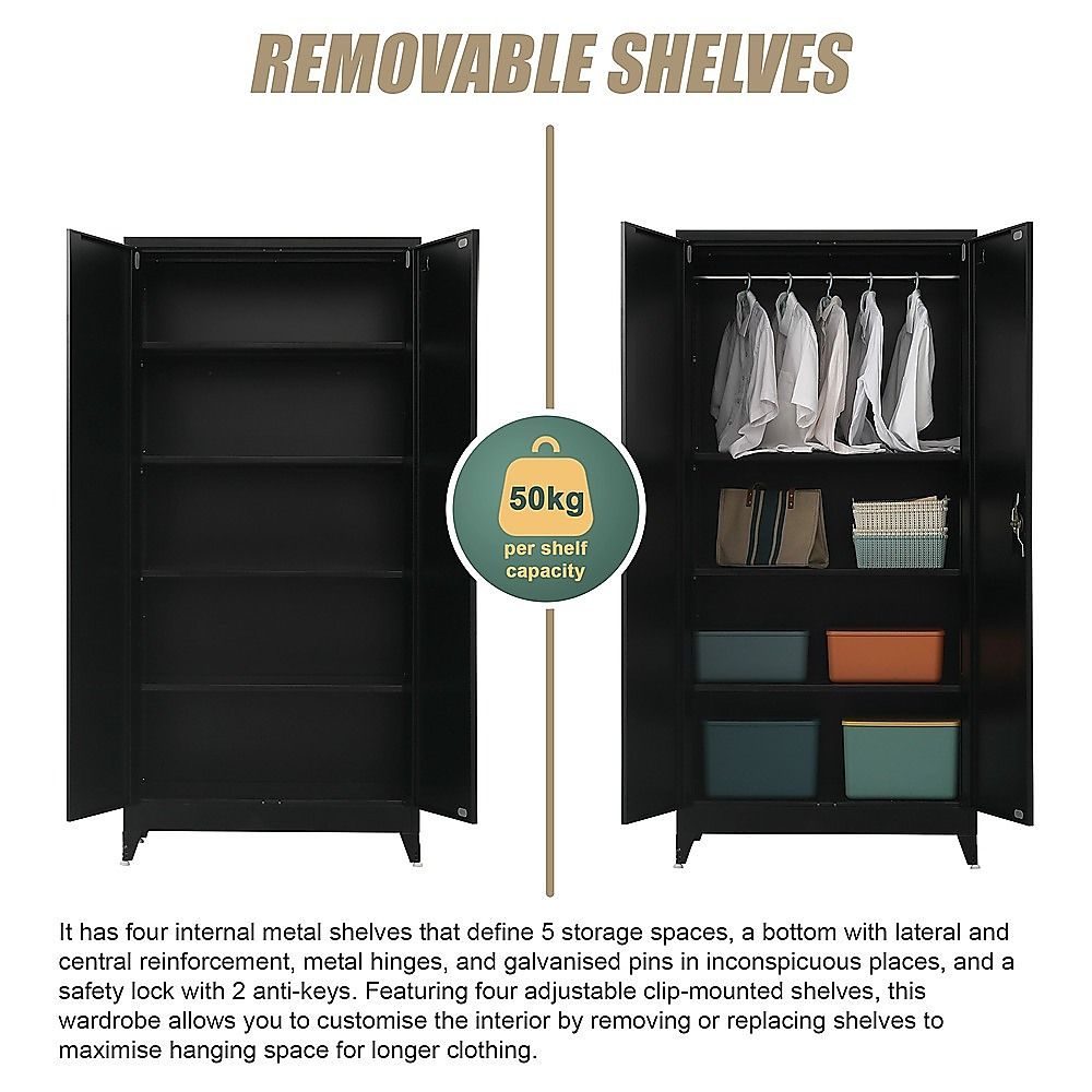 Two-door metal storage cabinet with open doors and internal shelves for storage