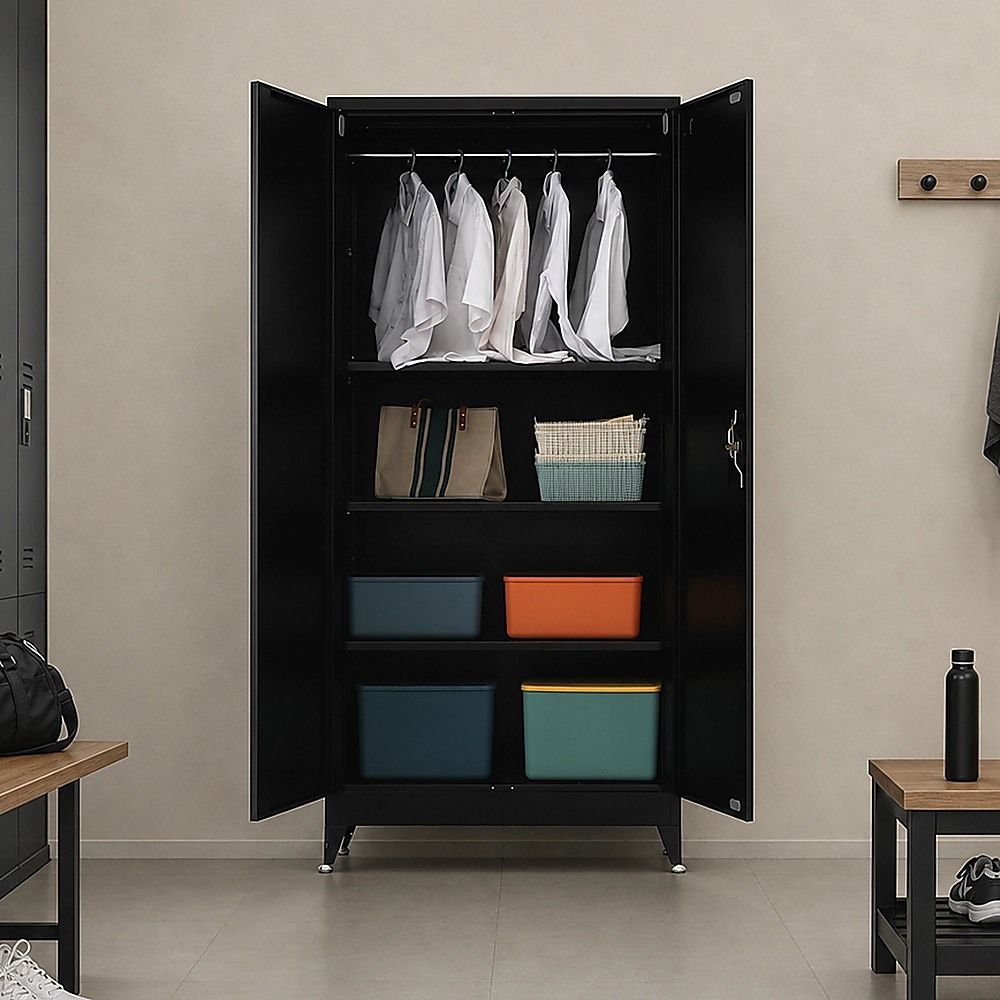 Two-door metal storage cabinet with interior for hanging clothes and stacked shelf bins