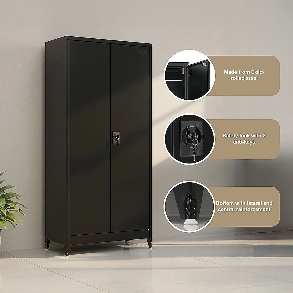 Two-door metal storage cabinet with safety lock detail and hinged double doors