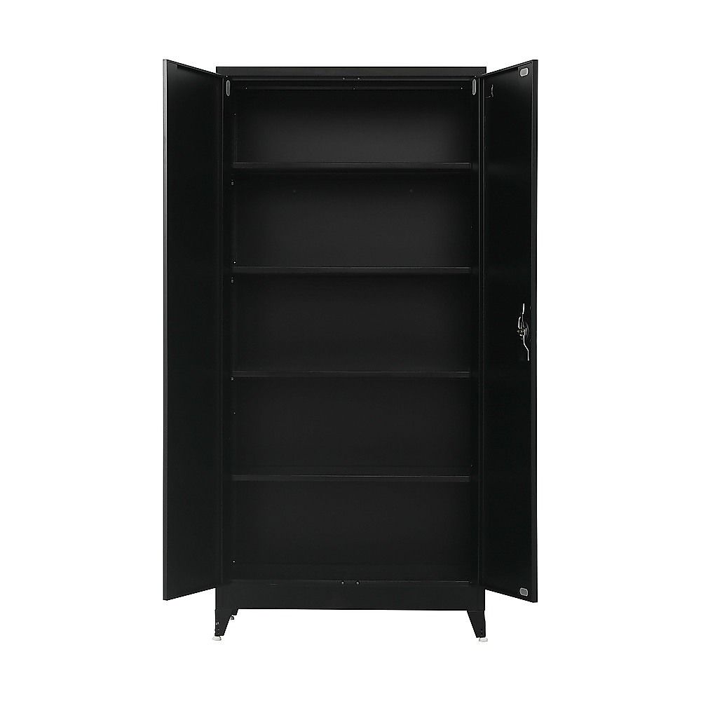 Two-door metal storage cabinet with both doors open, showing empty interior shelves