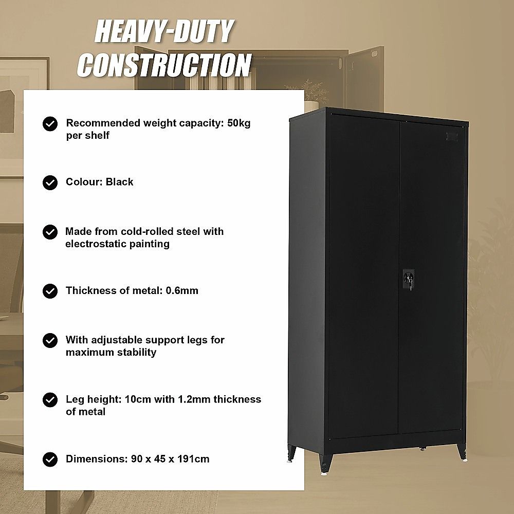 Two-door metal storage cabinet with side lock and adjustable support legs for stability