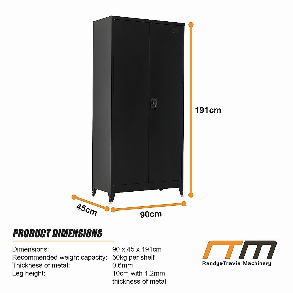 Two-door black metal storage cabinet with hinged doors and internal shelf