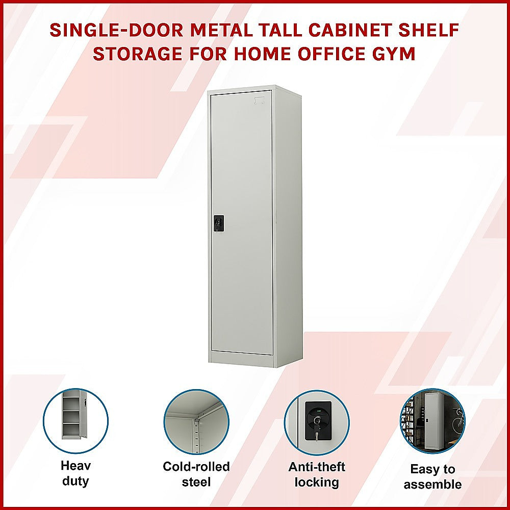 Tall metal cabinet single-door front view with black lock on light gray body