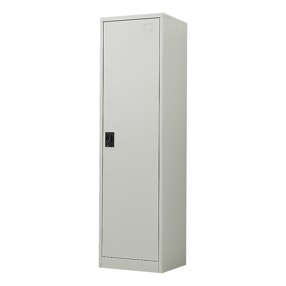 Tall metal storage cabinet with single door and black locking handle, light gray finish