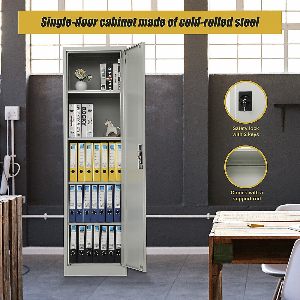 Open tall metal cabinet with shelves holding binders, folders, and small items, light gray