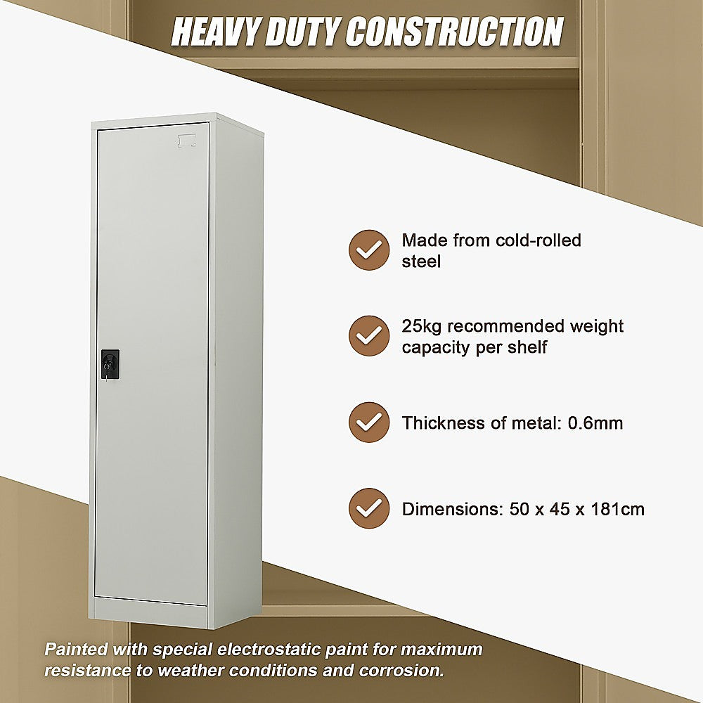 Tall metal storage cabinet shown with checklist icons; single door and black lock