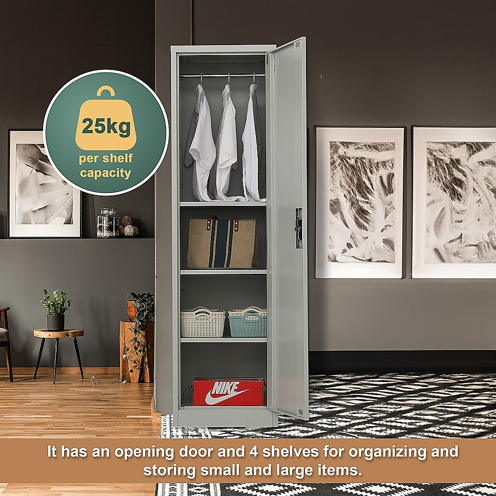 Tall metal cabinet open to show shelves for storage and hanging garments on top rail