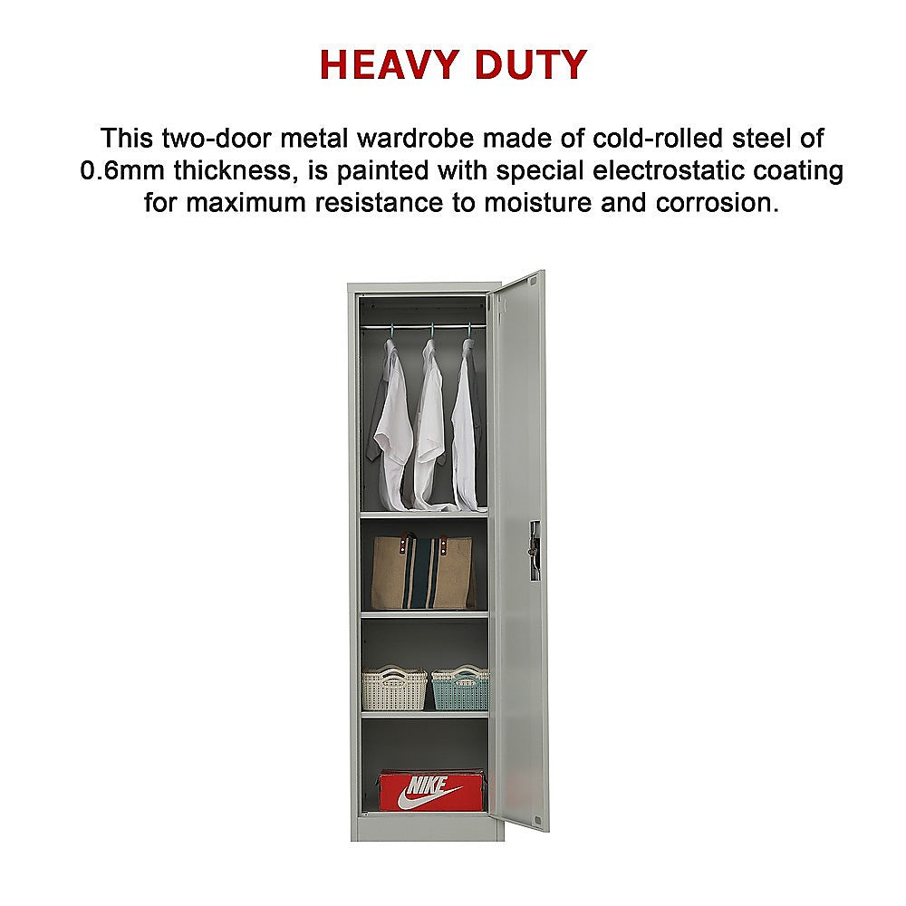 Single-door metal cabinet open with shelves holding hanging clothes, binders, and bins