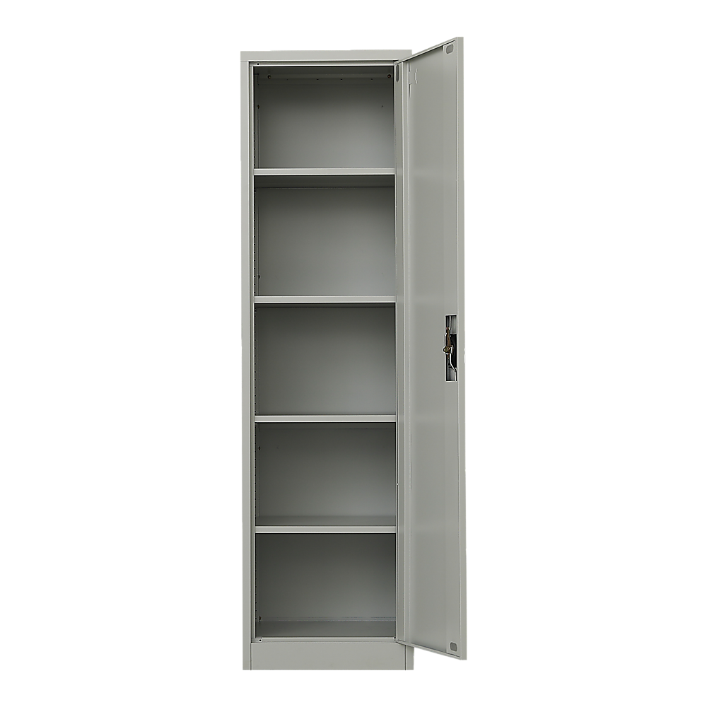 Tall metal cabinet with single door open, showing four empty shelves, light gray