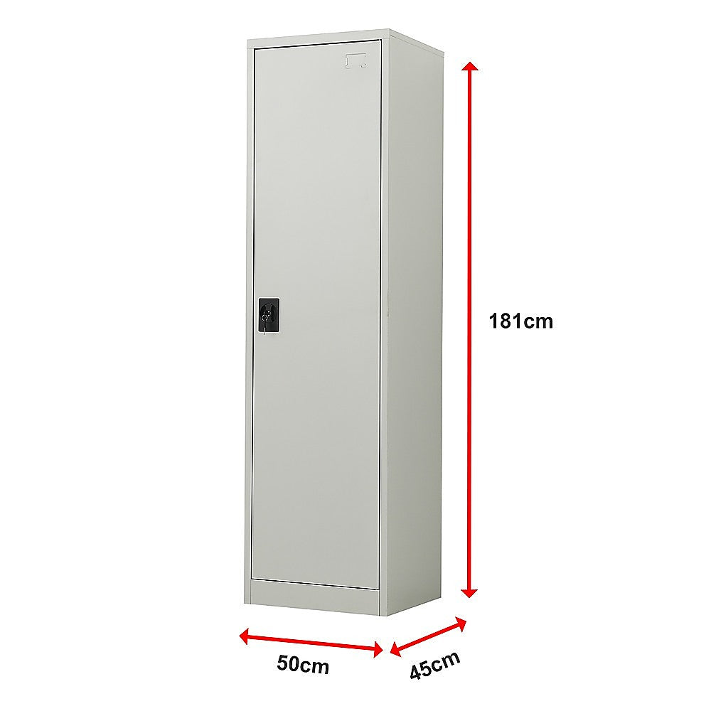 Light gray tall metal storage cabinet dimension view, single-door layout