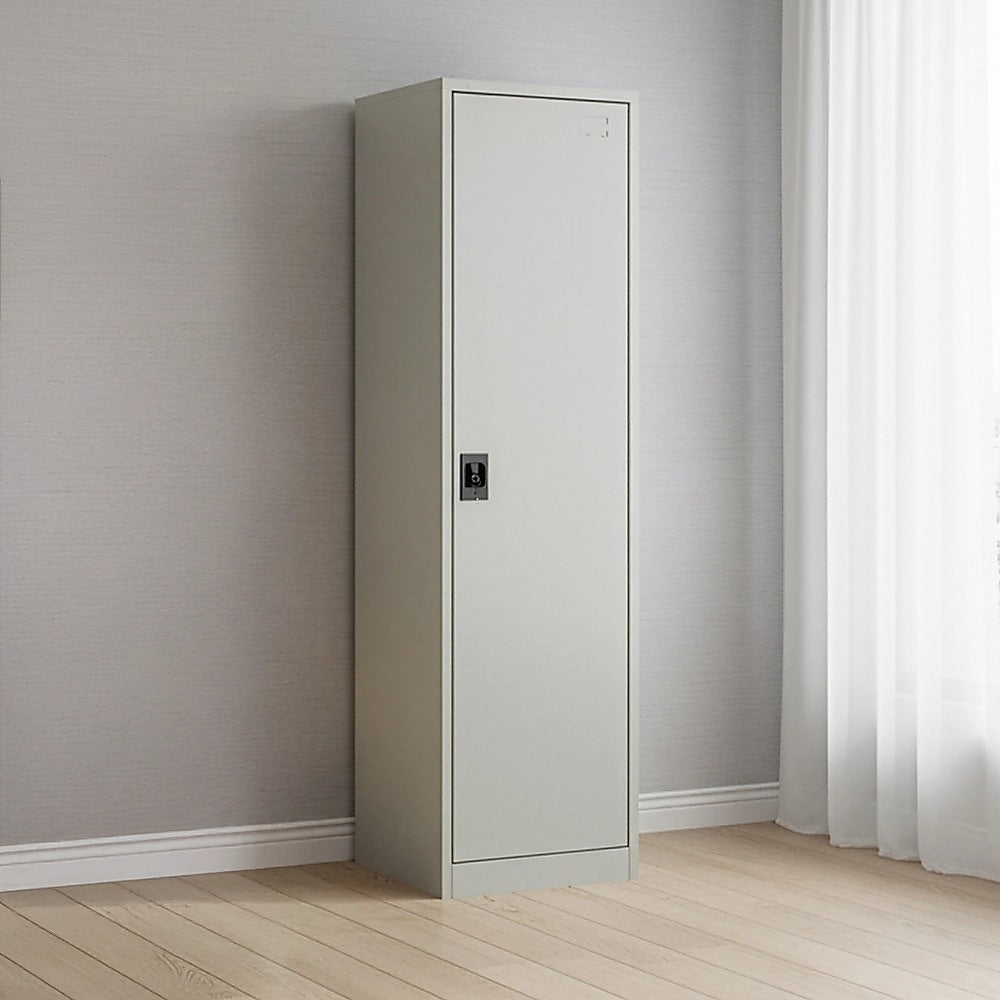 Tall metal cabinet with single door open, showing empty shelves