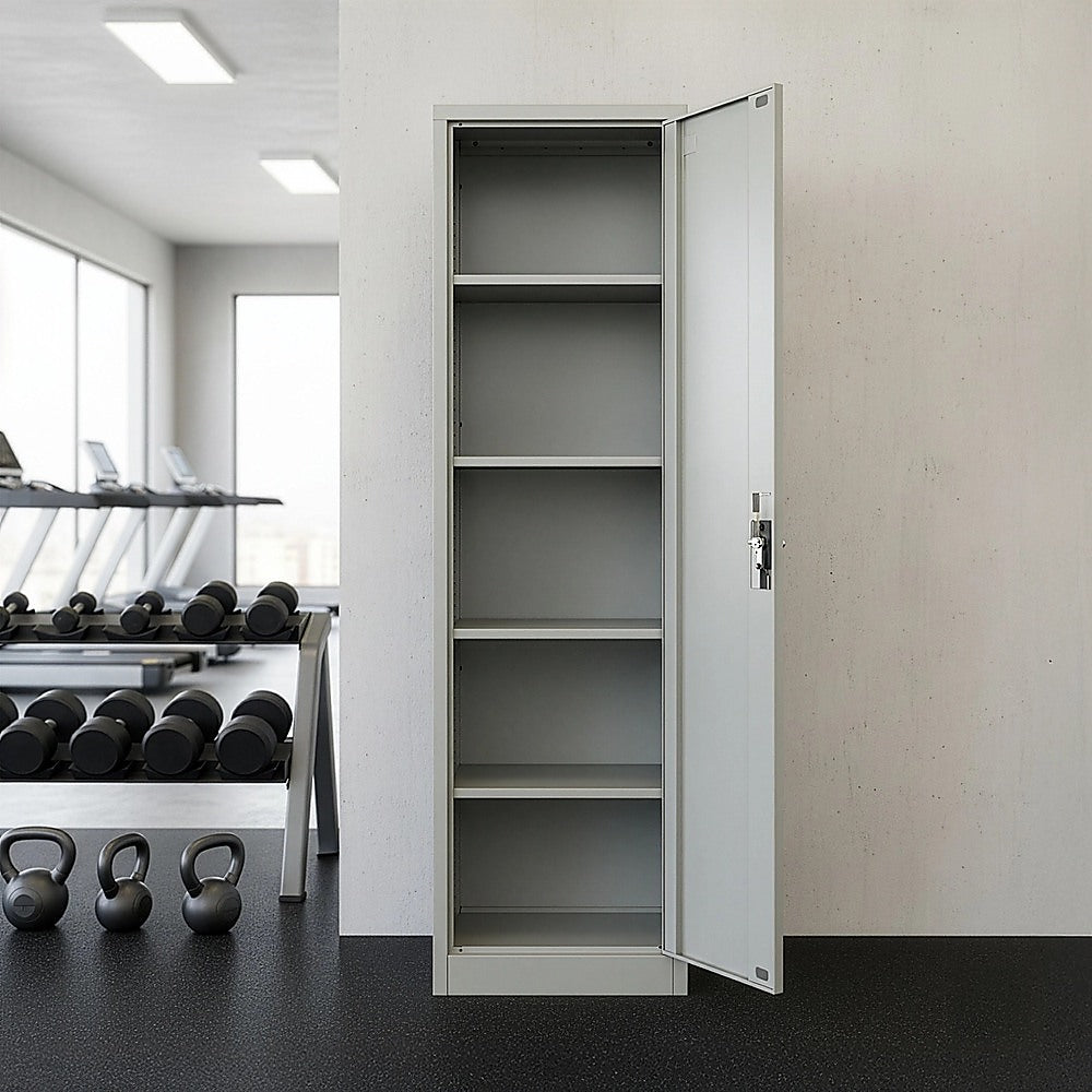 Tall metal cabinet with open door and multiple internal shelves