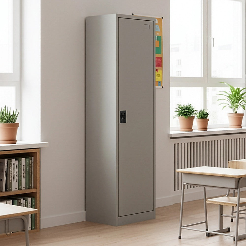 Single-door tall metal cabinet standing upright