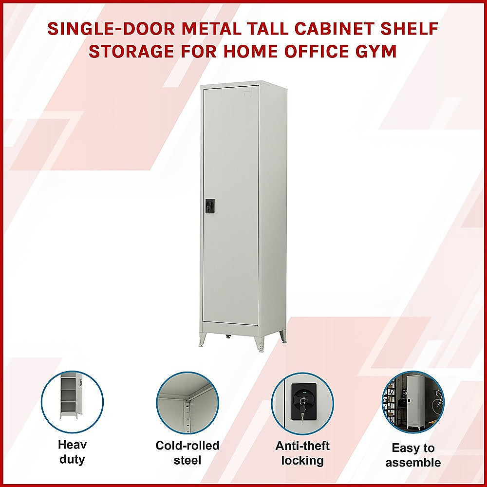 Single-door metal cabinet with lock and stable support feet.