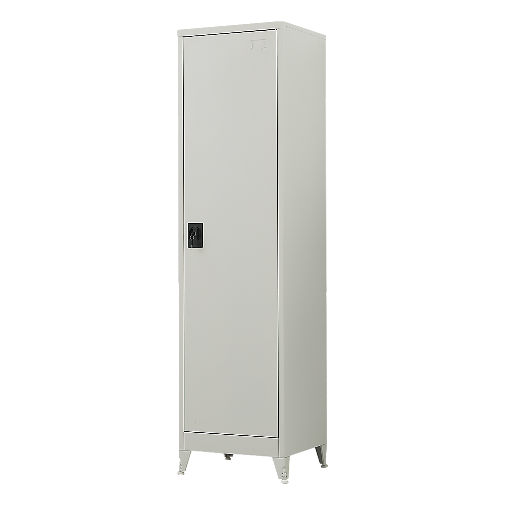 Tall metal storage cabinet with single door, black handle and lock plate.