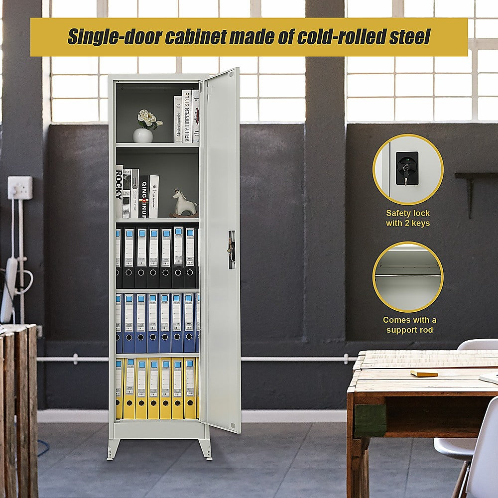 Open metal storage cabinet with shelves holding files and binders.