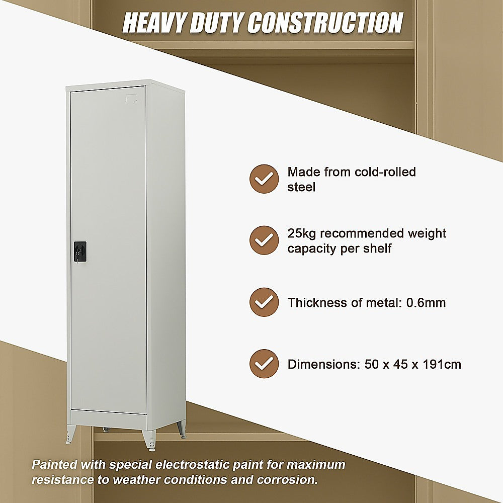 Tall metal storage cabinet with single door, coated finish.