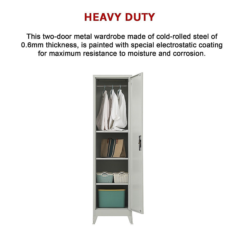 Tall metal wardrobe cabinet with open door and interior shelves for clothing.