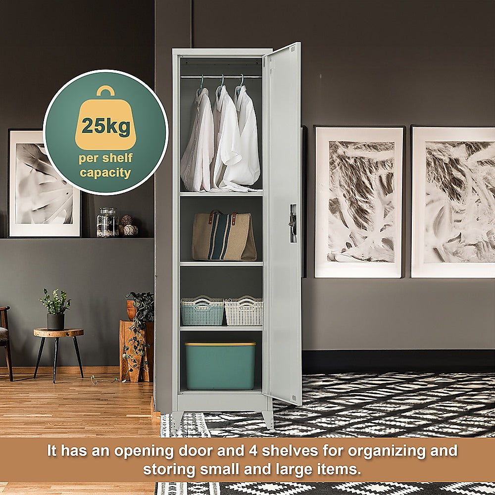 Tall cabinet open to show interior shelves and hanging clothes storage.